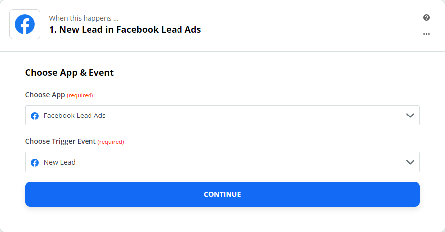 Screenshot of Selecting Facebook Lead Ads and New Lead Trigger