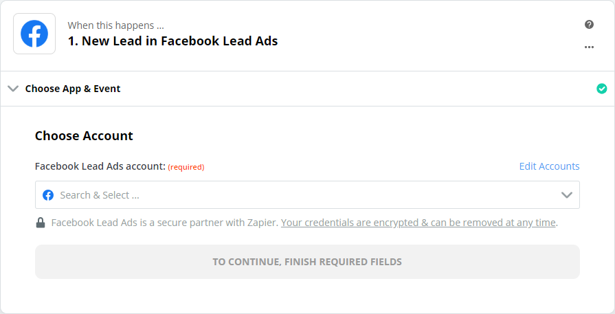 Screenshot of Choosing a facebook lead ads account