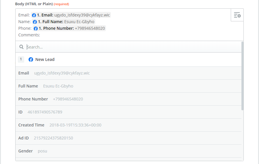 Screenshot of Facebook Lead Data Fields