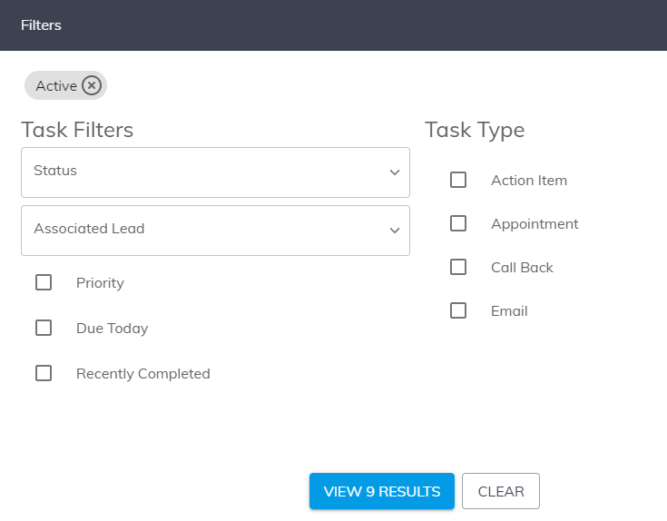 Screenshot of Task Filters and Types